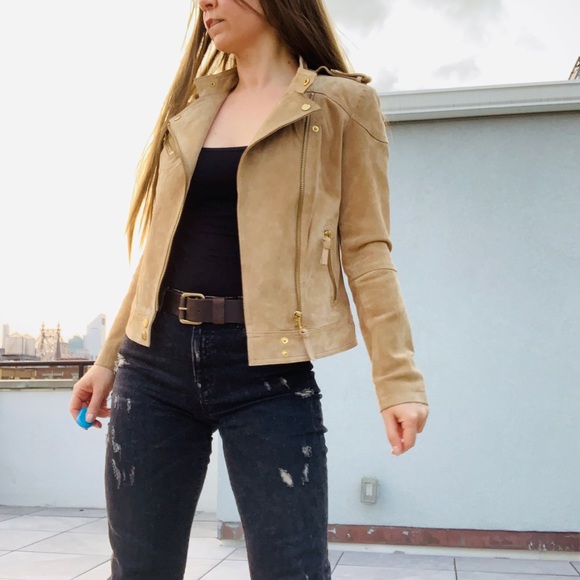 MANGO Tan Genuine Leather Biker Moto Zip Jacket
